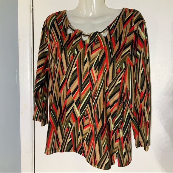 Rafaella Geometric Stripes Earthy Colors Lace Chain Neckline L/P TOP - Picture 3 of 13